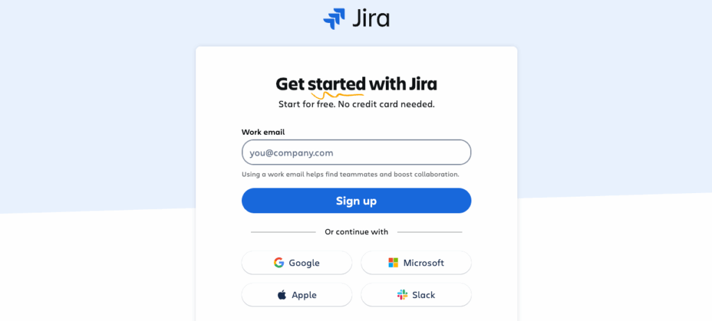 Example of Atlassian Jira’s multi-step signup form with minimal fields and Google SSO, highlighting best practices in form conversion optimization.