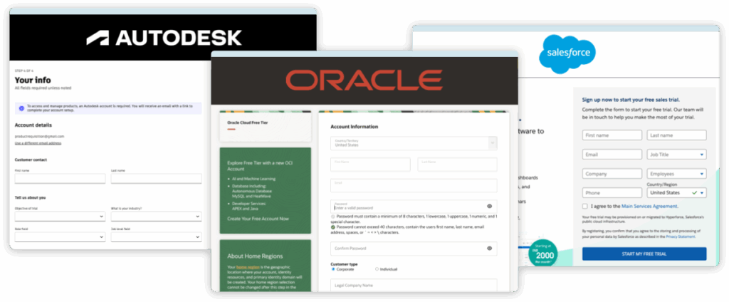 Side-by-side comparison of Autodesk, Oracle, and Salesforce signup forms illustrating excessive form fields that increase friction and reduce conversion rates in enterprise SaaS.