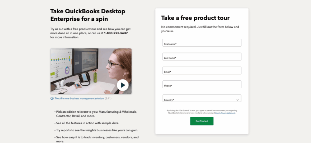 QuickBooks Desktop Enterprise signup form with just five essential fields, illustrating an optimized form design focused on reducing user drop-off.